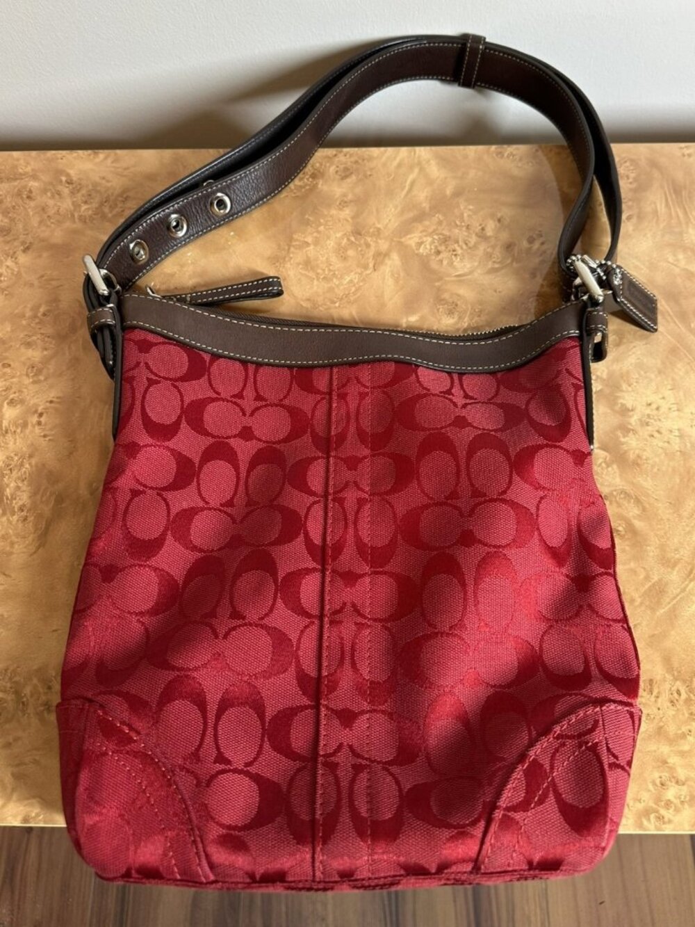 Coach Signature Jacquard Zip Top Shoulder Hobo Bag Red Brown F12362 - Picture 3 of 9